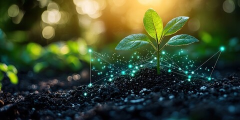 Leinwandbilder - A Young Plant Sprouting with a Glowing Network Around It