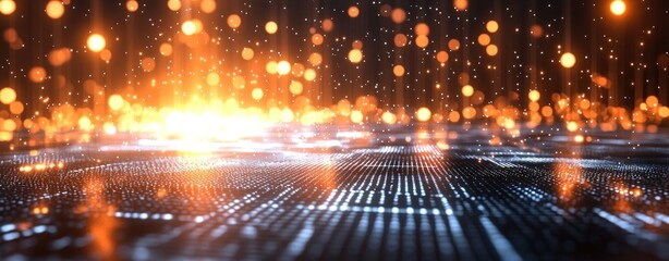 Aufkleber - Abstract Digital Grid with Glowing Orange Lights and Bokeh Effects