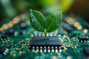 Poster - Green Sprout Growing from a Microchip on a Circuit Board