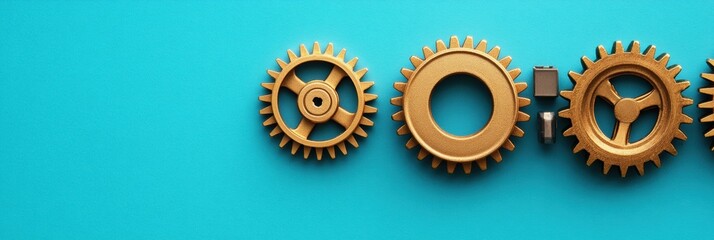 Fototapete - Golden gears align beside a microprocessor on a bright turquoise surface, highlighting the intersection of technology and mechanics. Generative AI