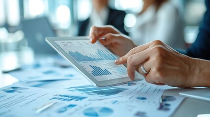 Leinwandbilder - Closeup of Hand Analyzing Charts on a Tablet Computer