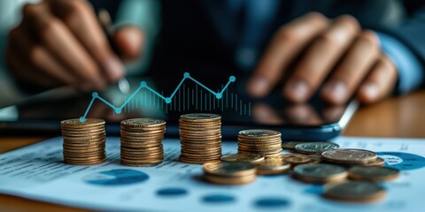 Aufkleber - Stacks of Coins with Upward Trend Graph on Financial Documents