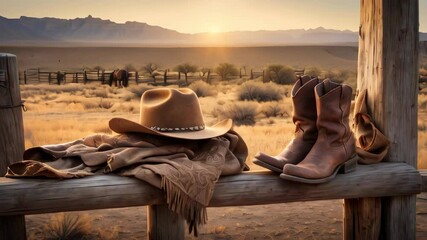 Wall Mural - A cowboy hat on an old wooden fence, near a pair of old cowboy boots, nostalgic image