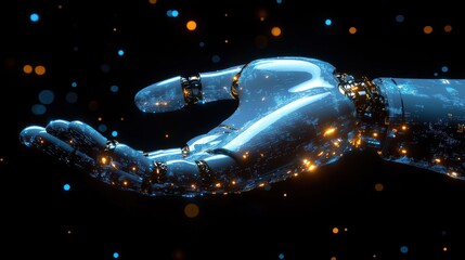 Poster - A Metallic Robotic Hand with Circuitry and Glowing Lights