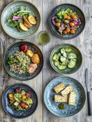 Aufkleber - A variety of vibrant plant-based dishes arranged on a wooden table, showcasing healthy salads, tofu, and seasonal vegetables. Generative AI