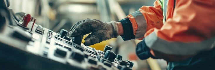 Fototapete - A worker operates machinery controls in an industrial setting, wearing safety gloves and gear.