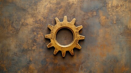 Fototapete - The golden gear symbol rests centrally on a textured brown background, symbolizing machinery and industrial design elements. Generative AI