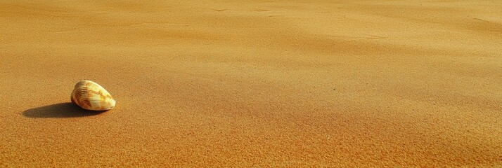 Poster - A tranquil sandy beach showcases a solitary seashell illuminated by the soft light of dusk, inviting a moment of peace and reflection. Generative AI