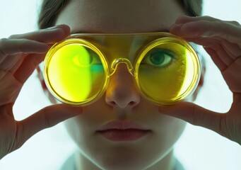 Poster - A close-up of a person wearing yellow safety goggles, emphasizing focus and precision.