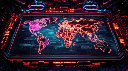 Fototapete - Exploring digital global connectivity world map visualization technology interface futuristic environment aerial view geospatial concepts