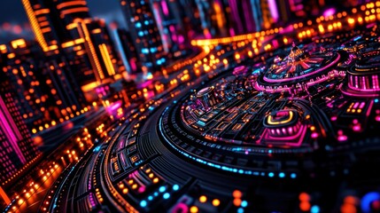 Leinwandbilder - Vibrant cityscape featuring neon technology urban nightlife digital art futuristic environment aerial perspective innovation concept