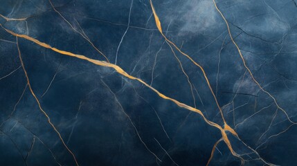 Canvas Print - Abstract natural marble surface with contrasting golden veins on a dark blue textured background