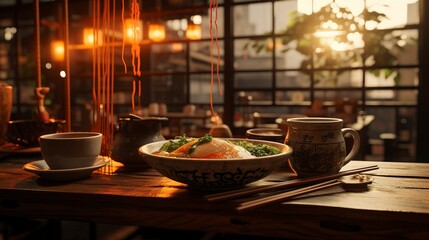 Wall Mural - A photo of a stylish ramen house with unique noodle bowl