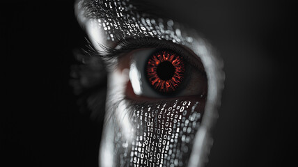 Poster - close up of human eye with digital, binary code overlay, creating futuristic and mysterious atmosphere. red iris adds intense, captivating focus to image