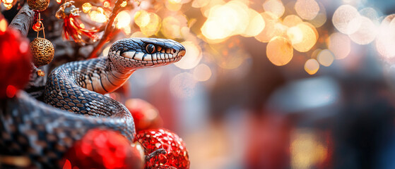 Poster - snake rests peacefully on branch adorned with red ornaments, surrounded by warm, glowing bokeh background, creating serene and festive atmosphere