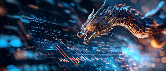 Poster - digital dragon with glowing eyes soars over futuristic landscape of financial graphs and data, symbolizing power and technology in financial world