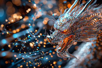 Poster - futuristic Eastern dragon with mane of financial data, symbolizing power and technology, glows with vibrant colors against digital backdrop, evoking sense of innovation and strength