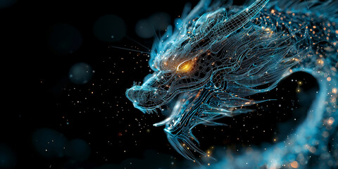 Aufkleber - glowing digital dragon with intricate scales symbolizes economic growth and innovation, set against dark background with sparkling particles
