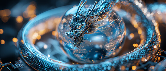 Poster - majestic Eastern dragon intricately wrapped around glowing globe, symbolizing power and wisdom. dragon scales shimmer with metallic blue hue, creating mystical atmosphere