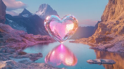 Wall Mural - Glass transparent Y2K retro futurism heart. Shape of a heart and plants, glare, light and sparkles. Glossy holographic chrome futuristic decoration element.