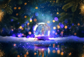 Poster - A snow globe sits on a bed of snow with a snowy forest inside against a dark blue background with sparkling lights.