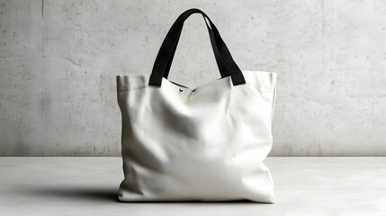 Wall Mural - A soft white tote bag with black handles, resting against a neutral textured background. The contrast between the white fabric and black handles creates a modern and stylish appearance.

