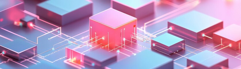 Abstract digital illustration showcasing interconnected cubes and circuits with vibrant colors, representing technology and innovation.