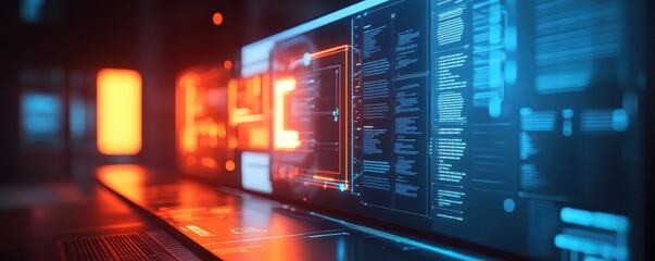 A futuristic computer interface displaying vibrant data visualizations, emphasizing technology and digital information.