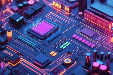 A vibrant close-up of a circuit board featuring intricate details, glowing components, and a futuristic design, showcasing technology and innovation.