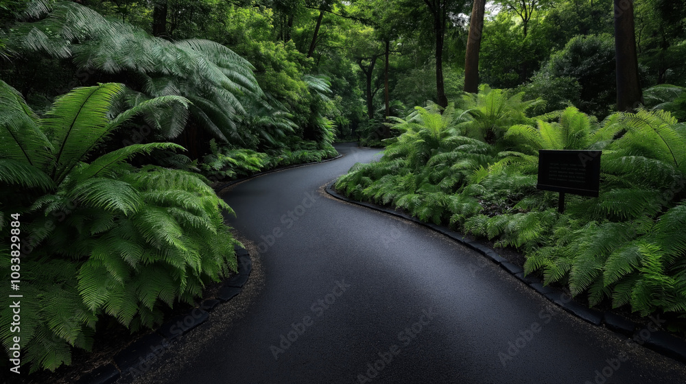 Winding path through lush green forest with large ferns and dense ...