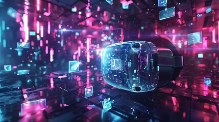 Poster - A VR headset surrounded by floating, transparent holographic interfaces.