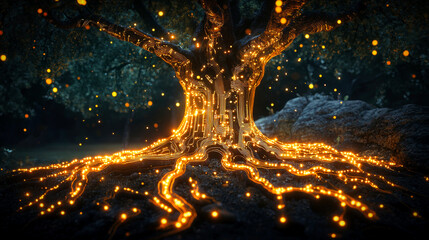 Wall Mural - a stylized glowing tree with intricate electronic circuit patterns