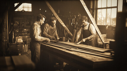 Wall Mural - Vintage sepia image of workers in an old woodshop