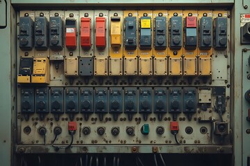 vintage electrical control panel with an array of switches and buttons.