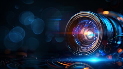 Wall Mural - Image with central camera lens, surrounded by orange and blue lights against a dark backdrop with abstract design. Futuristic tech vibe.