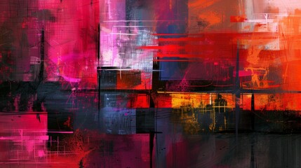 Wall Mural - abstract painting with vibrant colors and geometric shapes, dominated by red, pink, orange, and blue
