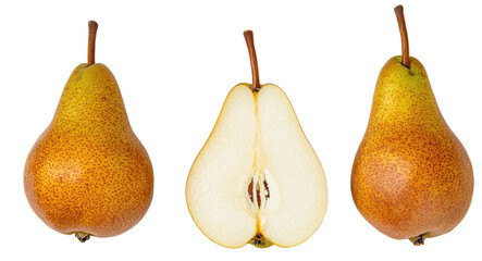 Wall Mural - Three ripe pears  whole  halved  and isolated     fresh fruit  healthy on transparent background