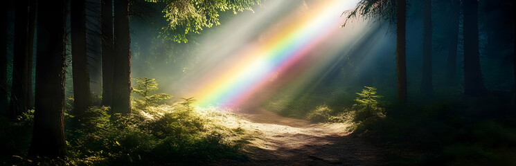 Wall Mural - A serene forest scene illuminated by a vibrant rainbow and soft sunlight.