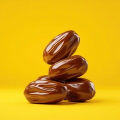 Wall Mural - A Pile of Plump, Shiny Halawi Dates Displayed Against a Vibrant Yellow Background, Showcasing Their Rich Brown Color and Textural Appeal