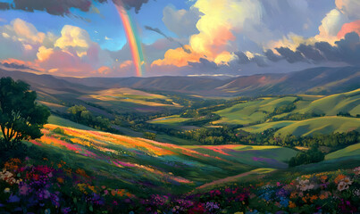 Wall Mural - A vibrant landscape featuring rolling hills, colorful flowers, and a rainbow in the sky.