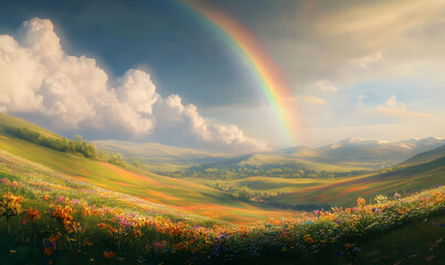 Wall Mural - A vibrant landscape featuring rolling hills, colorful flowers, and a rainbow in the sky.