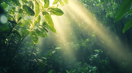 Wall Mural - green nature backdrop with ethereal floating particles in stunning hd clarity.