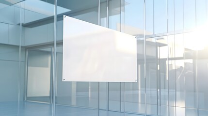 Wall Mural - Blank white sign hanging on a glass building.