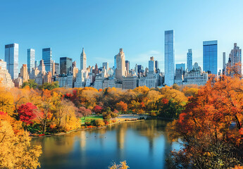 Wall Mural - A city with a river and a park in the background