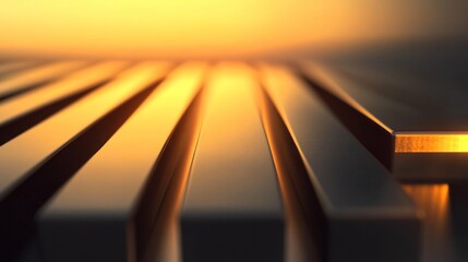 Aufkleber - Abstract Perspective of Metallic Bars with Warm Golden Glow Highlighting Textures at Dusk, Creating an Artistic Play of Light and Shadow