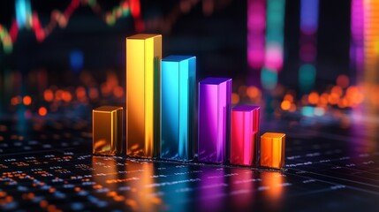 Fototapete - Vibrant 3D Bar Graph on Dark Background Representing Financial Data Trends and Performance Insights for Business Analysis and Reporting Purposes