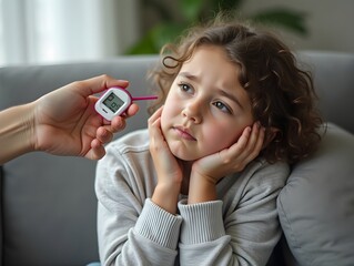 Wall Mural - Sad Girl with Fever Measuring her Body Temperature, Sitting on Couch at Home