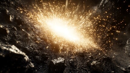 Aufkleber - Explosive Eruption of Light and Energy With Sparkling Particles Against a Dark Rocky Background in a Cosmic Scene
