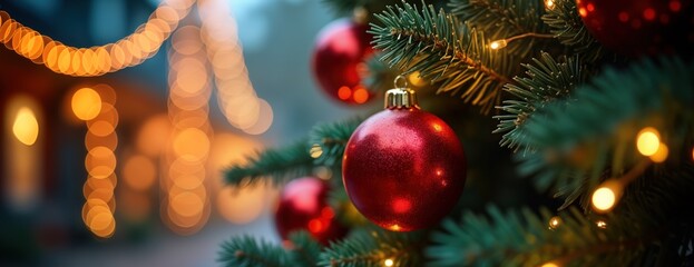 Wall Mural - close up of festive outdoor christmas tree. decorations include bright red balls on blurred sparklin