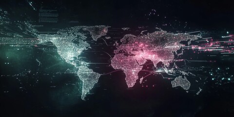 Wall Mural - conceptual digital world map with light trails symbolizing data transfer,space for text
